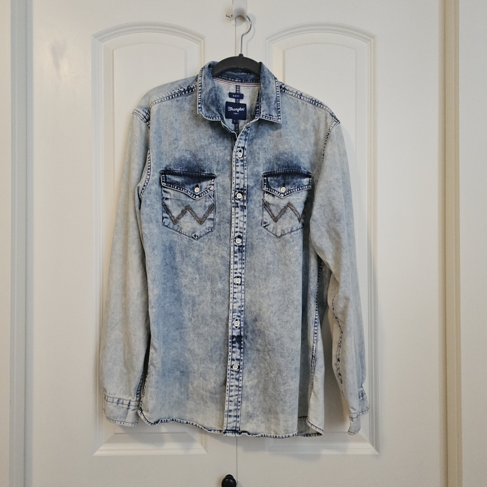Wrangler Acid Wash Button Down Long Sleeve Shirt Vintage Inspired SZ L Slim